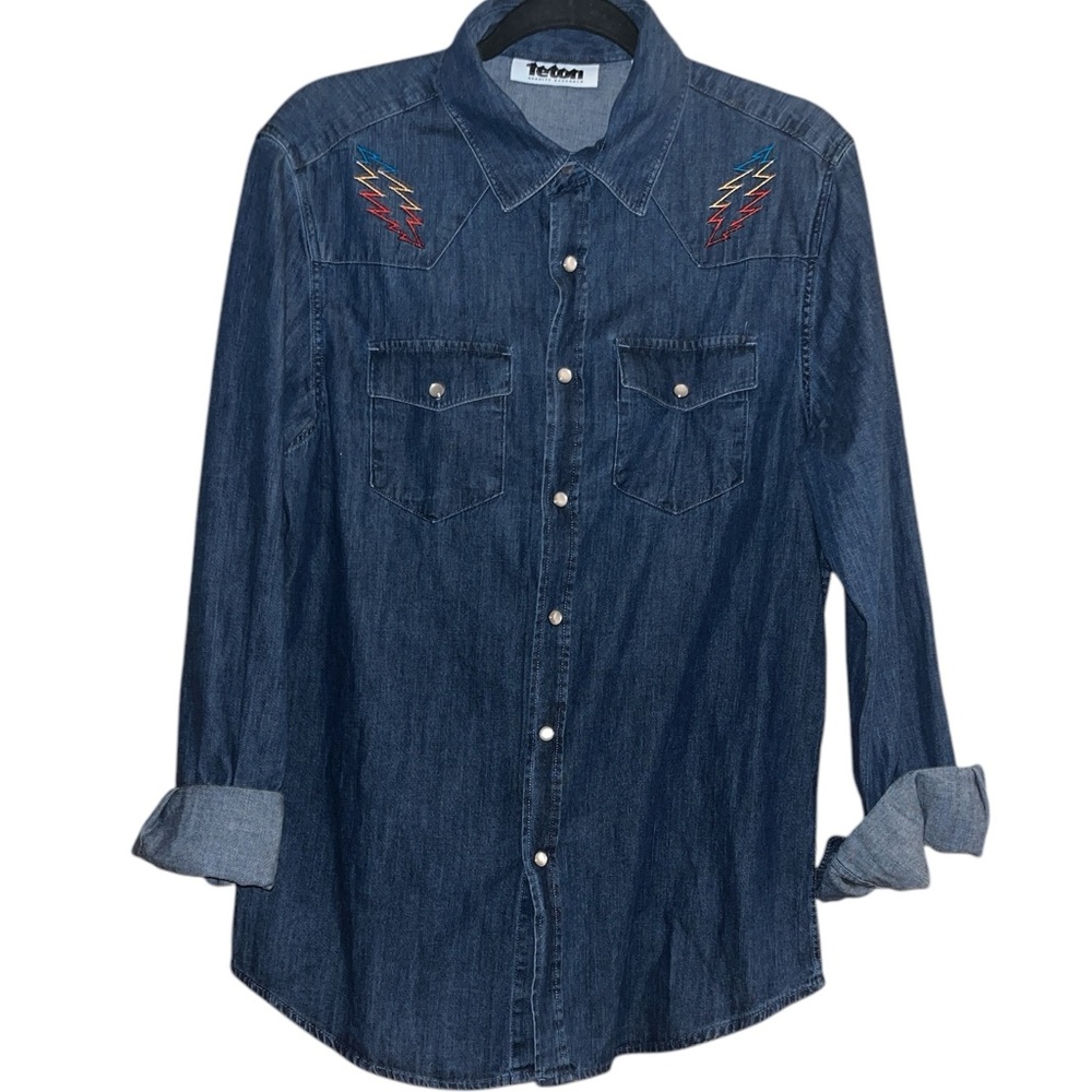 Teton denim snap button rainbow lightning bolt western shirt M